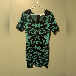 Pink Rose Knit Black and Teal Scroll-Pattern Mini Dress